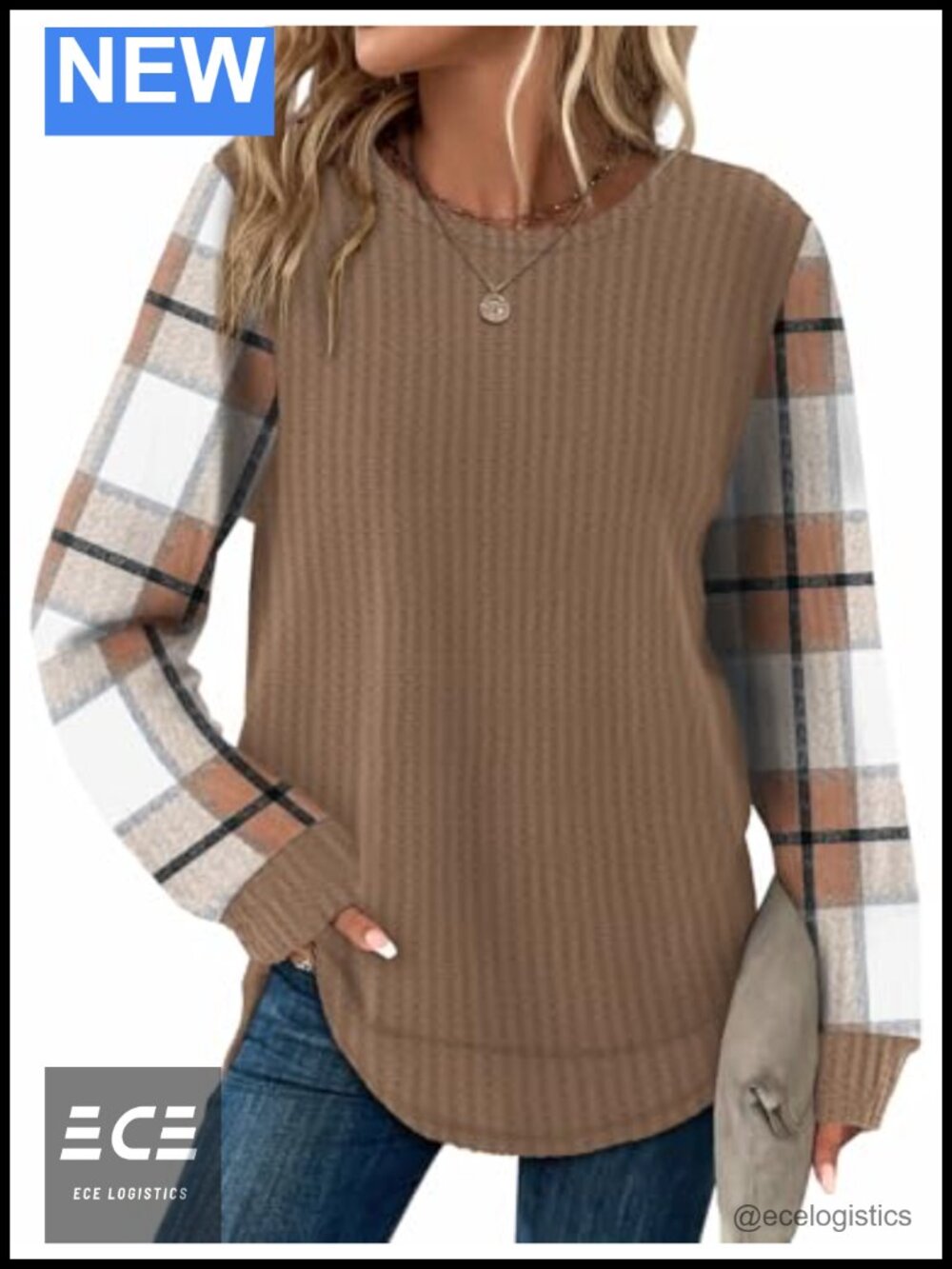 Waffle Knit Long Sleeve Tunic Top Curved Hem Pullover